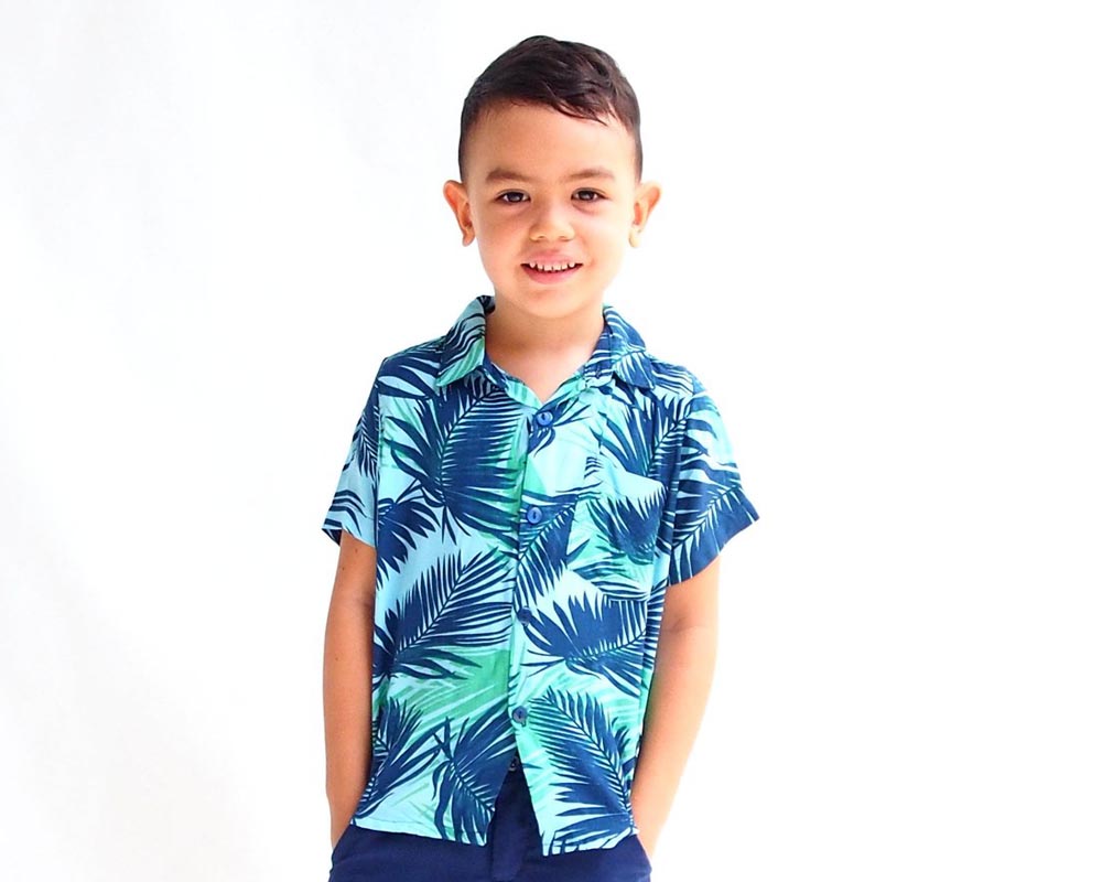 Boy Button Up Shirt - Blue Leaves - Tiny Tots Kids