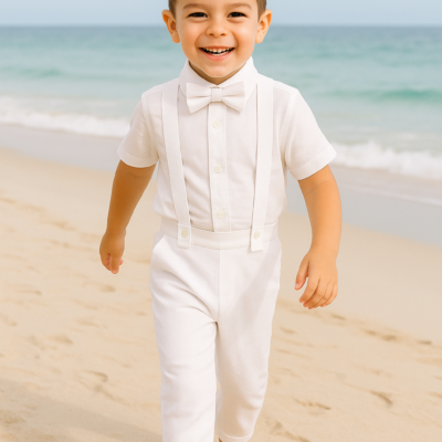 Boy Suspender Pants - White