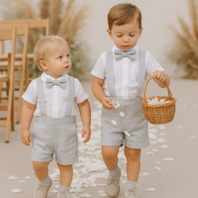 Boy Suspender Shorts- Light Grey