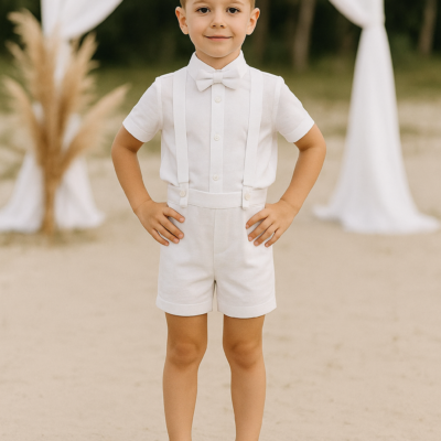 Boy Suspender Shorts - White