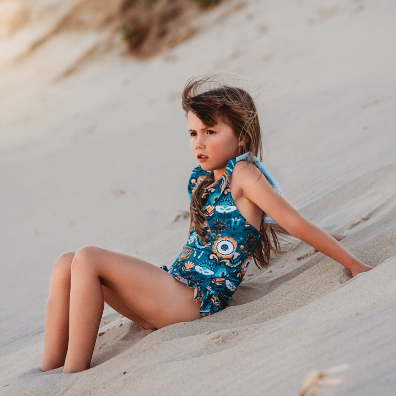 Blue ruffle swimsuit online