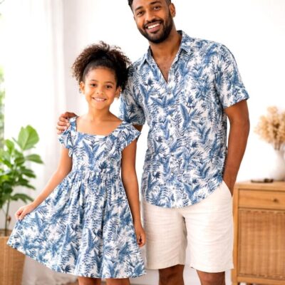 Father &amp; Daughter Matching Outfit - Blue Leaves
