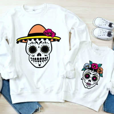 Mommy & Me Halloween Sweatshirts - Blumen-Totenkopf Grau