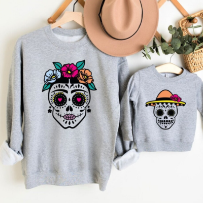 Mommy & Me Halloween Sweatshirts – Flower Skull Grey