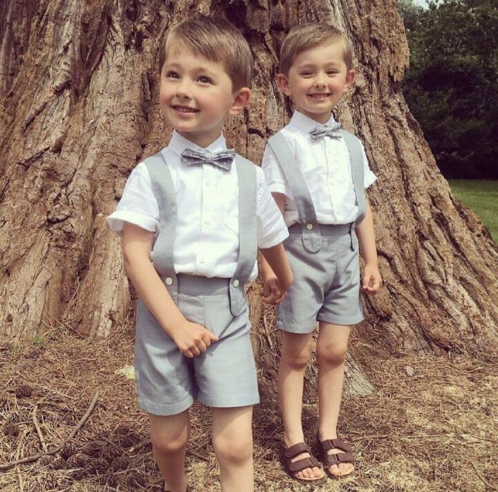 Double Breasted Ring Bearer Suits with Stitching Peaked Lapel Pink and Black main image 1