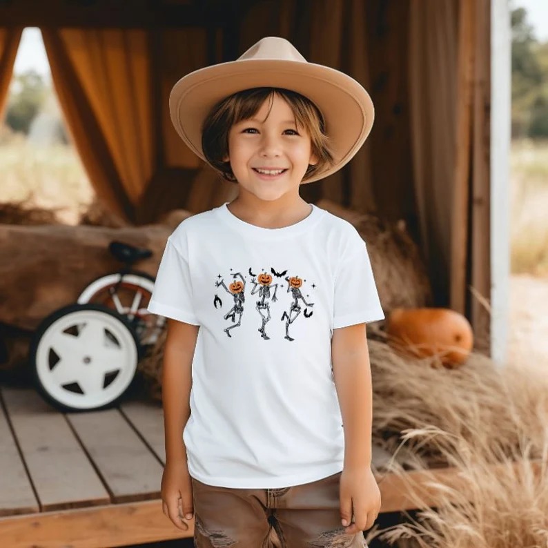 Kids Halloween T-shirt - Skeleton Pumpkin Heads