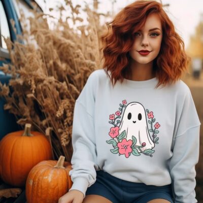 Unisex Halloween Sweatshirts – Pink Flower Ghost