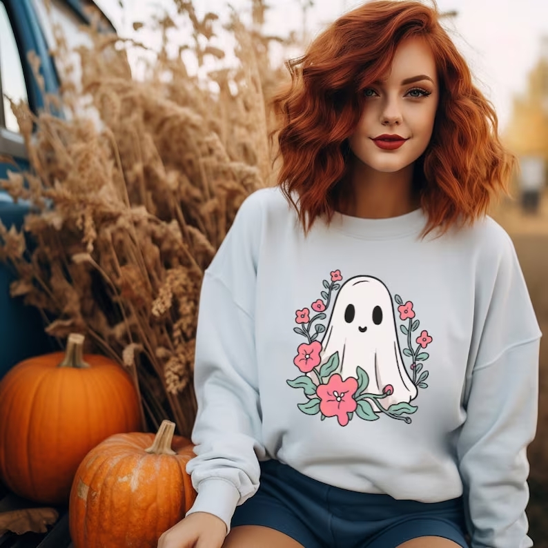 Unisex Halloween Sweatshirts – Pink Flower Ghost