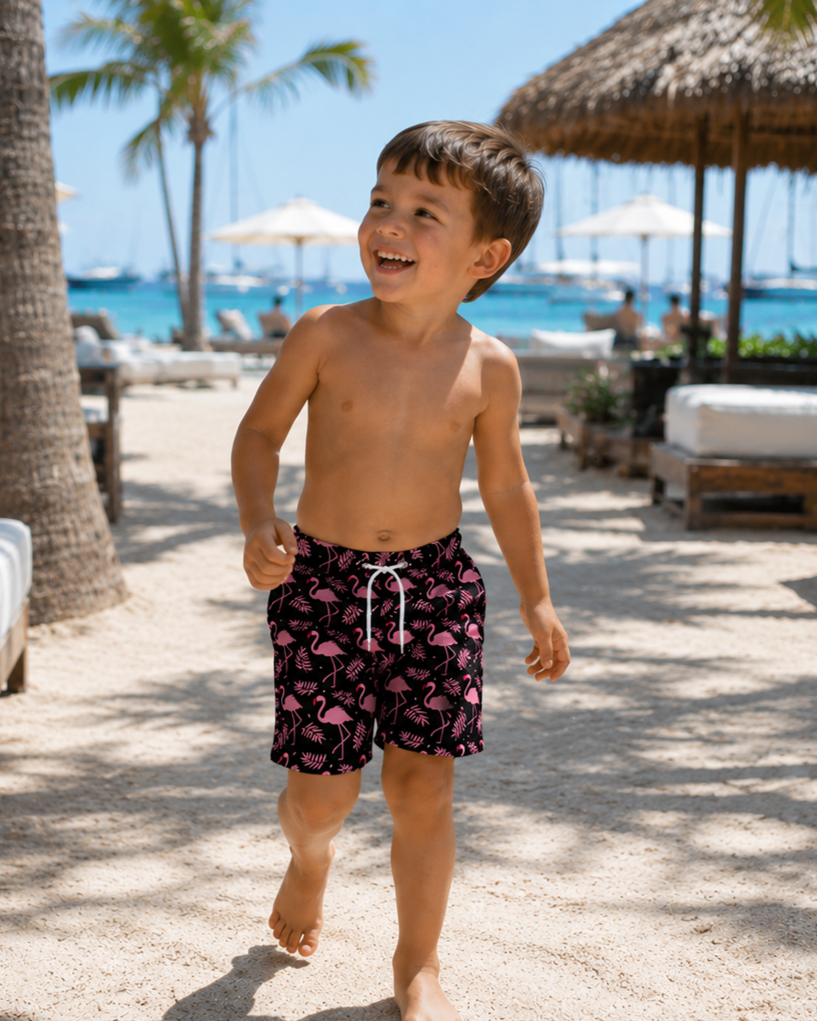 Father Son Matching Swim Shorts - Flamingos Black - Image 3