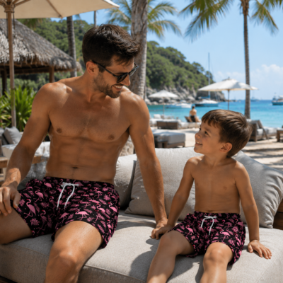 Father Son Matching Swim Shorts - Flamingos Black