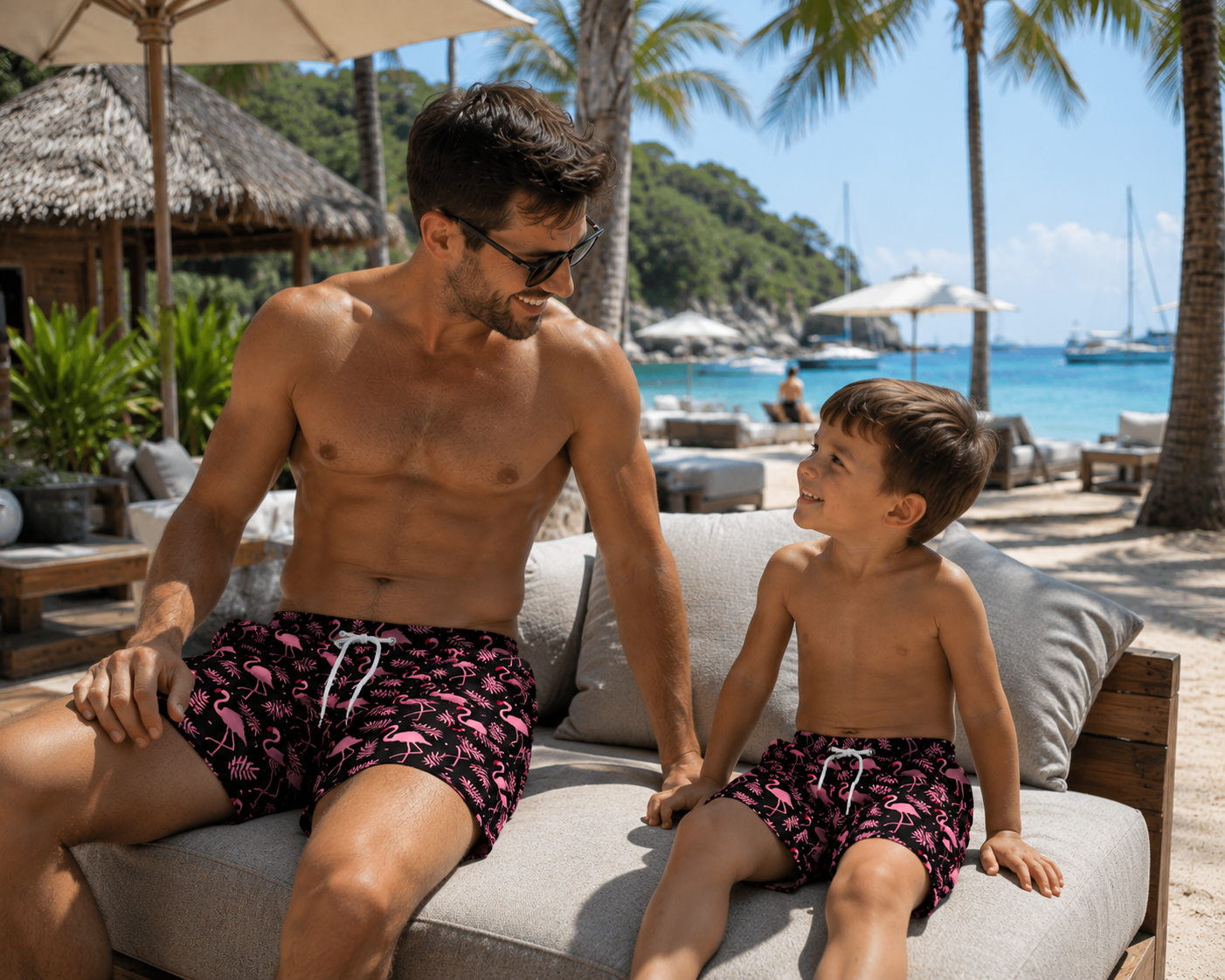 Father Son Matching Swim Shorts - Flamingos Black