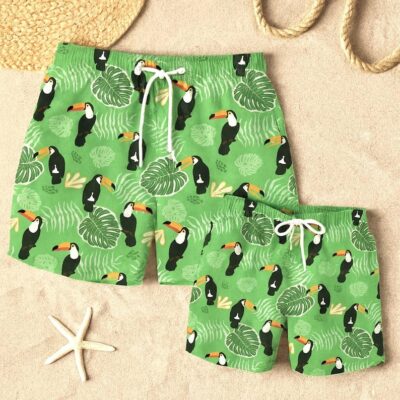 Father Son Matching Swim Trunks - Green Toucan