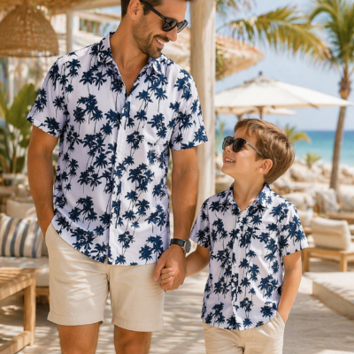Father &amp; Son Matching Hawaiian Shirts – Navy Palm