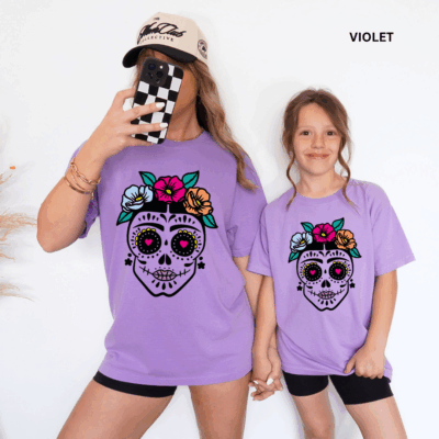 Comfort Colors® Mommy & Me Halloween Shirts - Dia de los Muertos Violet