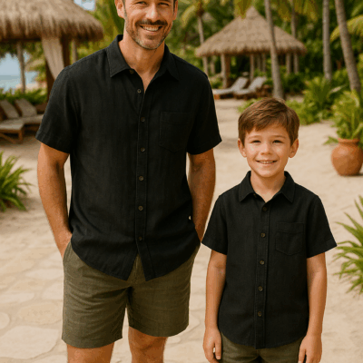 Matching Father Son 100% Linen Shirts - Black
