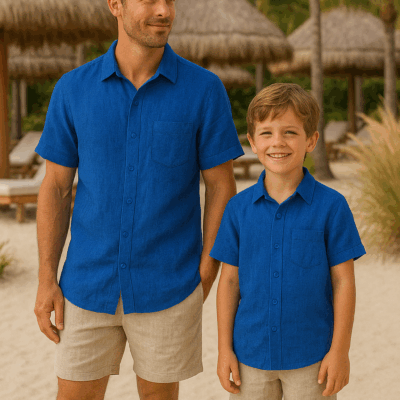 Matching Father Son 100% Linen Shirts - Blue