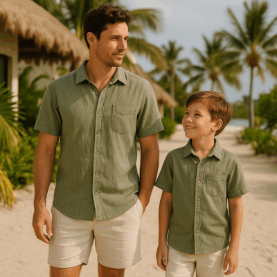 Matching Father Son 100% Linen Shirts - Sage