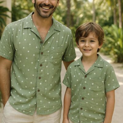 Father & Son Matching Shirts – Sage Polka Dot