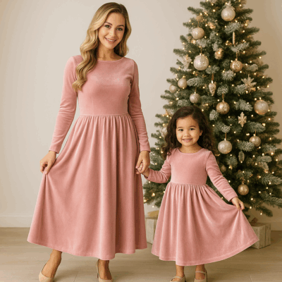 Matching Mother Daughter Christmas Dresses: Pink Velvet-Feel