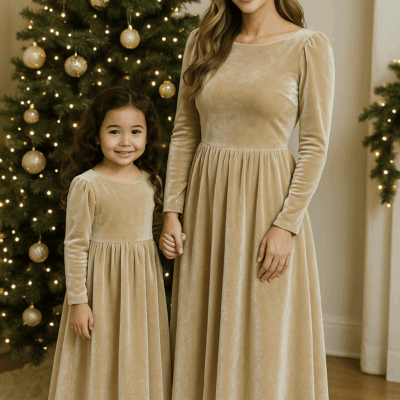 Matching Mother Daughter Christmas Dresses: Champagne Velvet-Feel