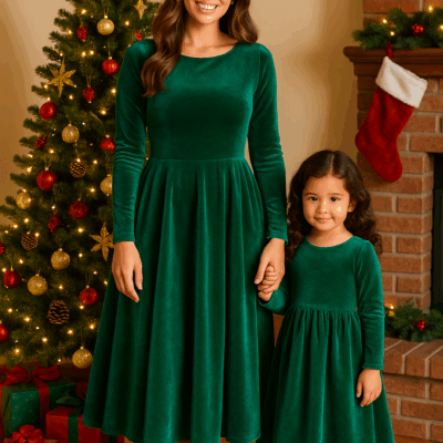 Matching Mother Daughter Christmas Dresses: Green Velvet-Feel