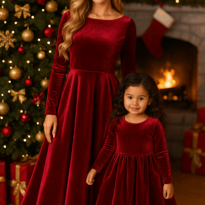 Matching Mother Daughter Christmas Dresses: Red Velvet-Feel