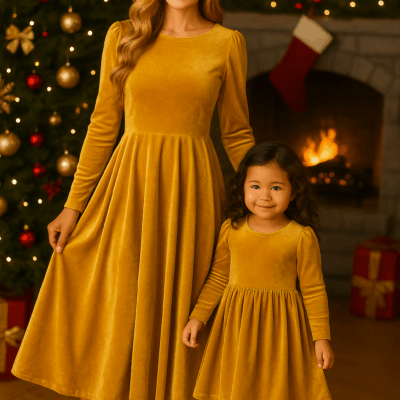 Matching Mother Daughter Christmas Dresses: Gold Velvet-Feel