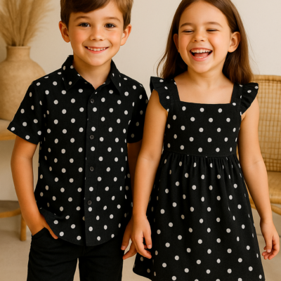 Brother & Sister Matching Outfit - Black Polka Dot