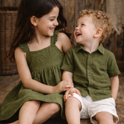 Matching Sibling Outfit - Olive Green Muslin