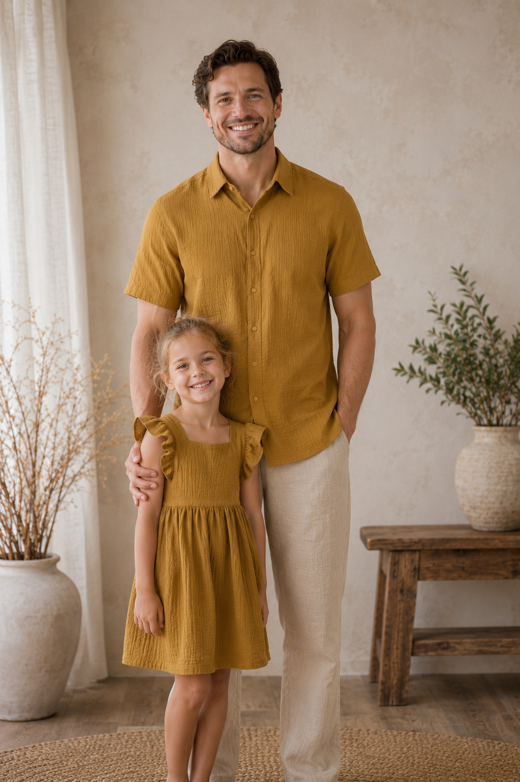 Muslin Cotton Father Daughter Outfit - Mustard - Image 2