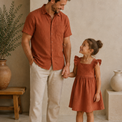 Muslin Cotton Father Daughter Outfit - Terracotta