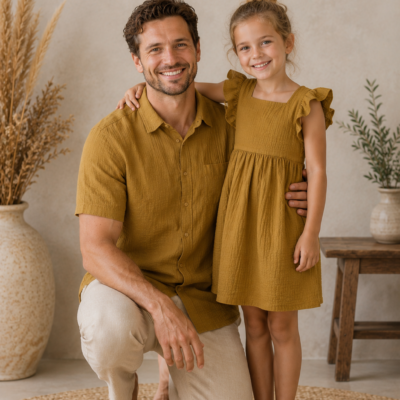 Muslin Cotton Father Daughter Outfit - Mustard