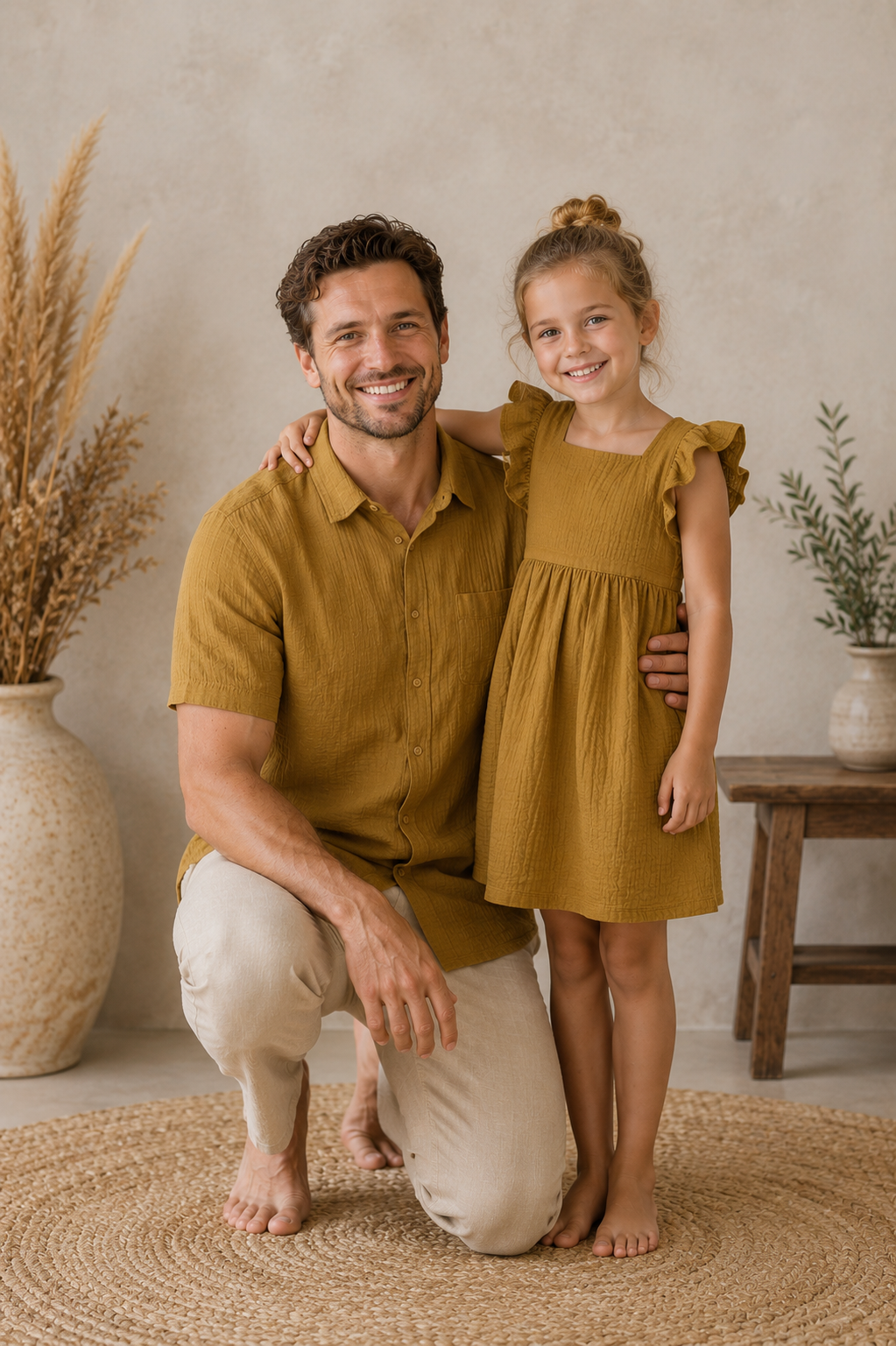 Muslin Cotton Father Daughter Outfit - Mustard