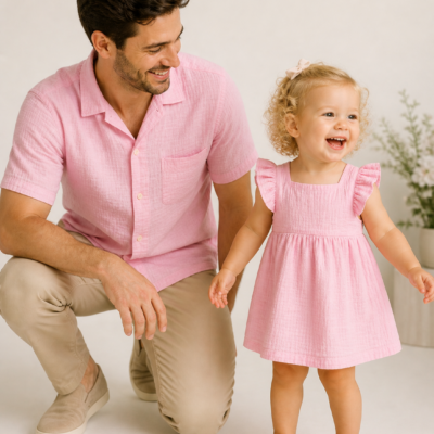 Muslin Cotton Father Daughter Outfit - Light Pink