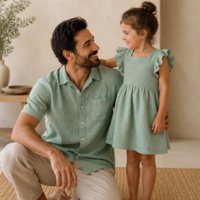 Muslin Cotton Father Daughter Outfit - Sage