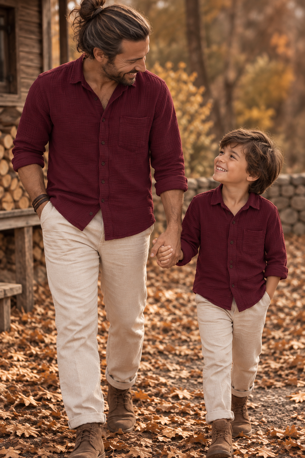 Father & Son Matching Long Sleeve Muslin Button Down - Maroon - Image 2