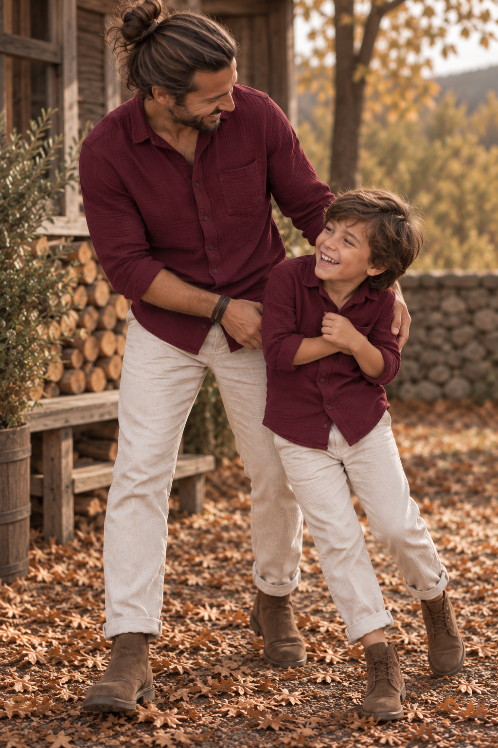 Father & Son Matching Long Sleeve Muslin Button Down - Maroon - Image 3