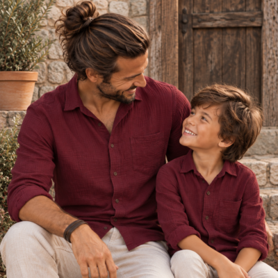 Father & Son Matching Long Sleeve Muslin Button Down - Maroon