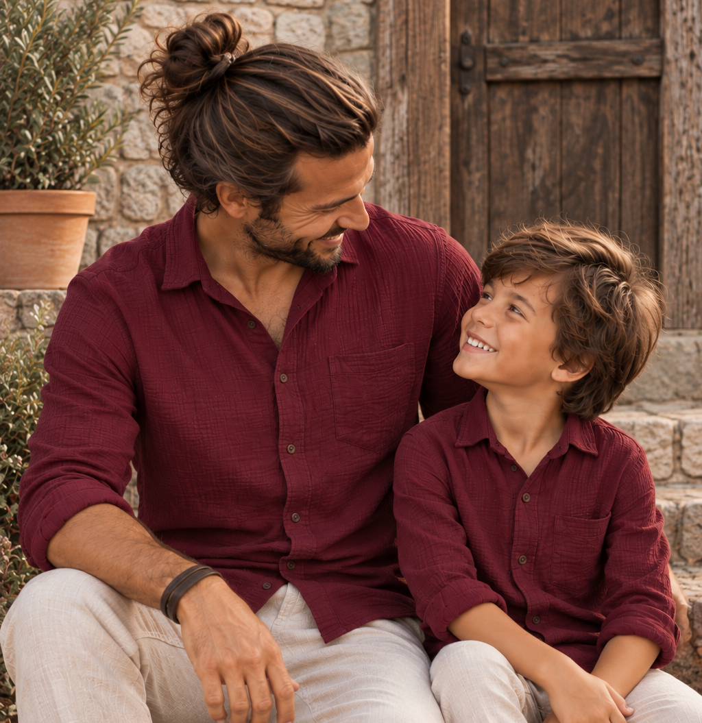 Father & Son Matching Long Sleeve Muslin Button Down - Maroon