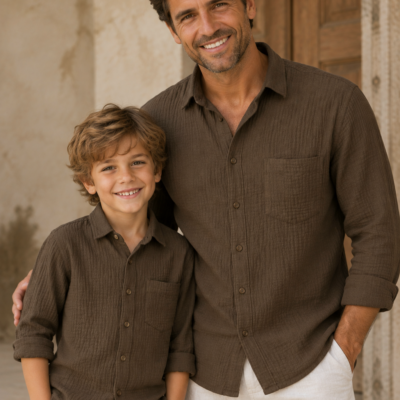 Father & Son Matching Long Sleeve Muslin Button Down - Brown