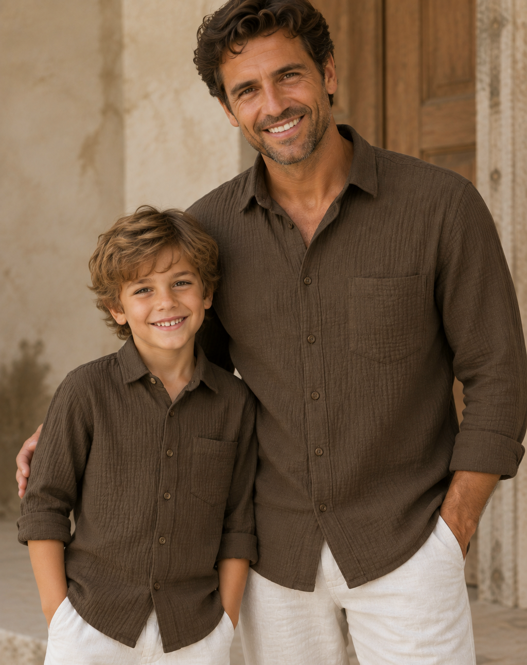 Father & Son Matching Long Sleeve Muslin Button Down - Brown