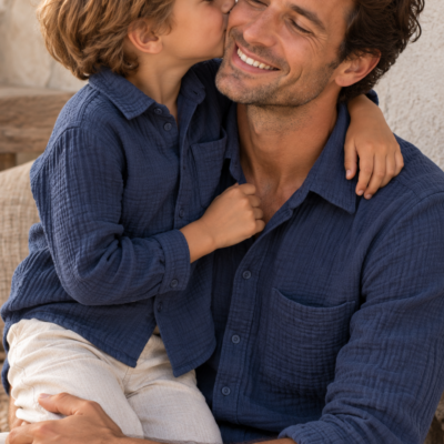 Father & Son Matching Long Sleeve Muslin Button Down - Navy