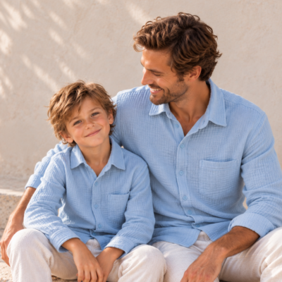 Father & Son Matching Long Sleeve Muslin Button Down - Light Blue