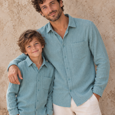 Father & Son Matching Long Sleeve Muslin Button Down - Teal