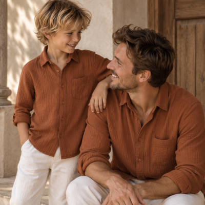 Father & Son Matching Long Sleeve Muslin Button Down - Terracotta