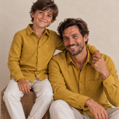 Father Son Matching Linen Shirts - Mustard