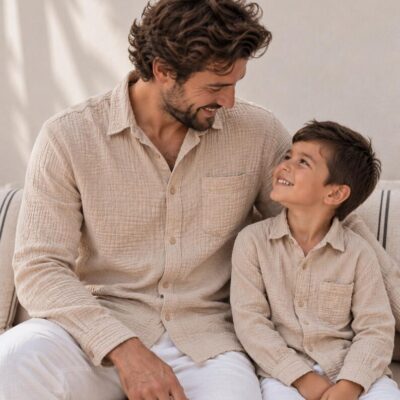 Father & Son Matching Long Sleeve Muslin Button Down - Cream